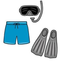 A vibrant illustration of snorkeling equipment a diving mask, snorkel, and blue swim shorts, complemented by a pair of grey flippers, all rendered in a playful cartoon style. vector