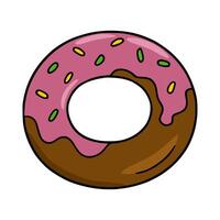 Delicious illustration of a single chocolate and pink glazed donut with colorful sprinkles, perfect for bakery branding or dessertthemed designs. vector