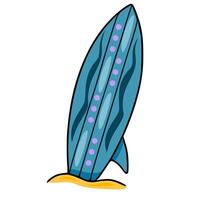 Stylish teal surfboard illustration with purple dots and wavy pattern, resting on yellow sand, perfect for summer designs. vector