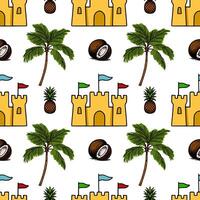 Seamless pattern with handdrawn tropical elements palm trees, sandcastles with flags, pineapples, and coconuts, creating a playful summer vibe. vector