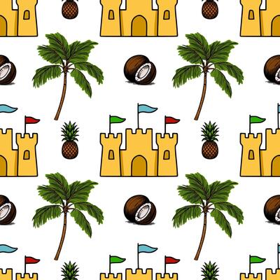 Seamless pattern with handdrawn tropical elements palm trees, sandcastles with flags, pineapples, and coconuts, creating a playful summer vibe.