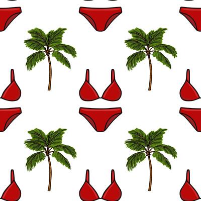 Seamless pattern of red bikini and palm trees, a vibrant summer design perfect for swimwear or tropical themed projects.