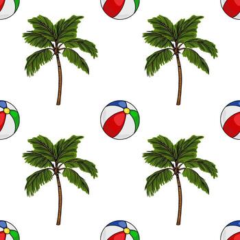 Seamless pattern featuring vibrant beach balls and detailed palm trees, creating a playful summer vibe ideal for textile prints or website backgrounds. vector