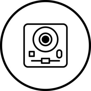 Minimalist square camera icon with circle lens and controls on white background illustration emblem vector