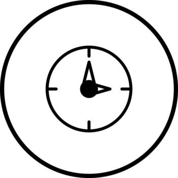 Black and white clock icon with simple outline design symbolizing time management and deadlines with round shape showing hours and minutes vector