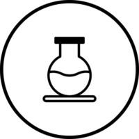 A simple circular icon illustrating a round bottom flask with liquid inside it emphasizing science and laboratory work vector