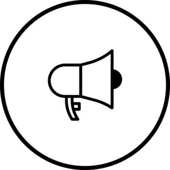 A clear and simple illustration of a black and white megaphone within a circular frame design vector