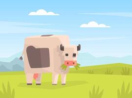 Pixel Cow Grazing in Meadow, Cute Farm Animals on Summer Landscape Cartoon Illustration vector