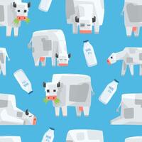 Pixel Cow and Milk Bottle Seamless Pattern, Natural Dairy Products, Textile, Wallpaper, Wrapping Paper, Background Design Cartoon Illustration vector