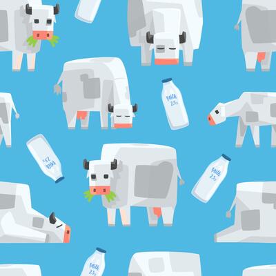 Pixel Cow and Milk Bottle Seamless Pattern, Natural Dairy Products, Textile, Wallpaper, Wrapping Paper, Background Design Cartoon Illustration