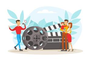 Cinema Production Process, Tiny Cameraman Making Shooting Movie with Happy Family in Studio Flat Illustration vector