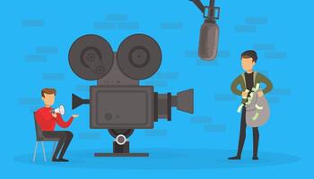 Cinema Production Process, Tiny Cameraman Making Shooting Movie with Criminal with Sack of Money in Studio Flat Illustration vector