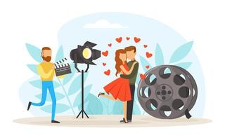 Cinema Production Process, Tiny Cameraman Making Shooting Movie with Happy Romantic Couple in Studio Flat Illustration vector