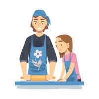 Mom and her Daughter Rolling out the Dough on Table, Parent Spending Time with Child and Teaching Daughter to Cook Cartoon Style Illustration vector