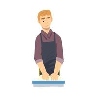 Young Man in Apron Cooking in the Kitchen, Guy Kneading Dough at Table Cartoon Style Illustration vector