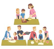 Happy Families Cooking in the Kitchen Set, Parents Spending Time with their Children and Cooking Together Cartoon Style Illustration vector