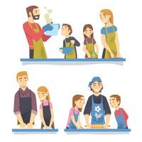 Families Cooking in the Kitchen Set, Parents Spending Time with their Children and Teaching them to Cook Cartoon Style Illustration vector
