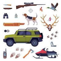 Hunting Objects Set, Hunter Tackles and Equipment Flat Illustration vector