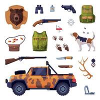 Hunting Attributes Set, Hunter Tackles and Equipment Flat Illustration vector