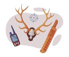 Hunting Objects Set, Deer Skull, Walkie Talkie, Bandolier Flat Illustration vector