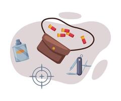 Hunting Objects Set, Leather Hunter Safari Bag, Bullets, Pocket Knife, Target Flat Illustration vector