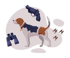 Hunting Objects Set, Hunting Dog, Gun, Binoculars and Footprints Flat Illustration vector