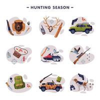 Hunting Season, Hunter Attributes, Tackles and Equipment Set Flat Illustration vector