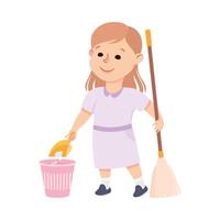Cute Girl Sweeping The Floor with Broom and Scoop, Kid Helping her Parents with Housework or Doing Household Chores Cartoon Style Illustration vector