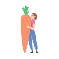 Happy Smiling Girl Holding Huge Carrot, Happy Easter Concept Cartoon Style Illustration vector