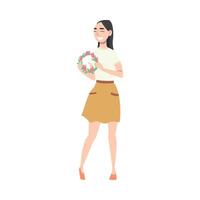 Smiling Young Woman Holding Wreath Made of Spring Flowers, Happy Easter Concept Cartoon Style Illustration vector