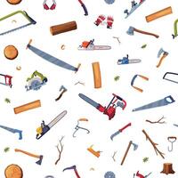 Woodworking Tools with Saw, Ax and Timber Seamless Pattern vector