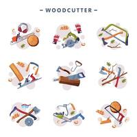 Wood Chopping Implement with Saw and Wood Chopper or Ax Composition Set vector