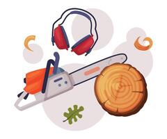 Electric Saw with Toothed Blade and Crosscut Timber Section as Wood Chopping Implement Composition vector