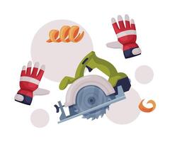 Electric Circular Saw with Toothed Blade and Gloves as Wood Chopping Implement Composition vector