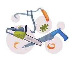Electric Saw with Toothed Blade and Panel Saw as Wood Chopping Implement Composition vector