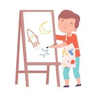 Cute Boy Painting on Canvas, Little Artist Character Drawing Space Rocket on Easel with Paints Cartoon Style Illustration vector