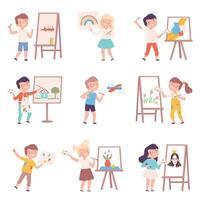 Kids Painting on Canvas Set, Little Artists Characters Drawing on Easel, Paper and Wall with Paints and Pencils Cartoon Style Illustration vector