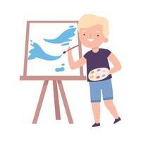 Smiling Boy Painting on Canvas, Little Artist Character Drawing Sea Waves Splashes on Easel with Paints Cartoon Style Illustration vector