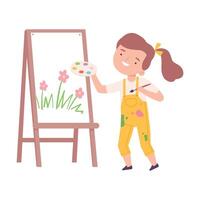 Happy Girl Painting on Canvas with Palette and Brush, Little Artist Character on Drawing on Easel with Paints Cartoon Style Illustration vector