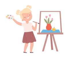 Smiling Blonde Girl Painting on Canvas with Palette and Brush, Little Artist Character Drawing on Easel with Paints Cartoon Style Illustration vector