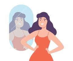 Beautiful Woman Standing in Front of Mirror Looking at her Reflection Cartoon Style Illustration vector