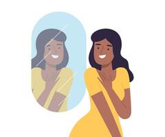 Beautiful Happy Woman Standing in Front of Mirror Cartoon Style Illustration vector
