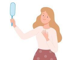 Beautiful Woman Trying on Beads while Looking at herself at Mirror Cartoon Style Illustration vector