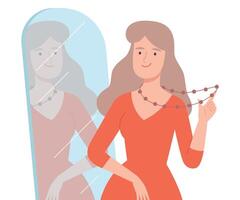 Beautiful Woman Trying on Beads Standing in Front of Mirror Cartoon Style Illustration vector