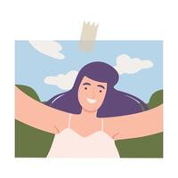 Shot of Happy Brunette Girl Taking Selfie Using Smartphone on Nature Landscape Cartoon Illustration vector