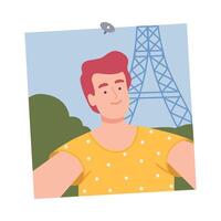 Shot of Smiling Young Man Taking Selfie on Background of Eiffel Tower Cartoon Illustration. vector