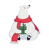 Polar Bear as New Year Character in Red Scarf Sitting with Wrapped Gift Box Illustration vector