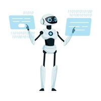 Modern Humanoid or Robotic Device with Iron Limbs Doing Mathematical Calculations on Hologram Illustration vector