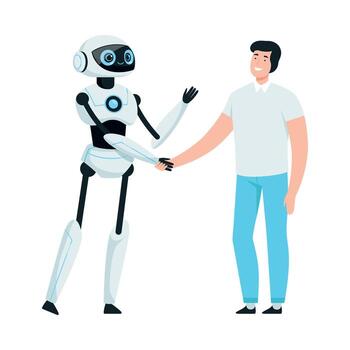 sonriente moderno humanoide o robótico dispositivo sacudida manos con hombre ilustración vector