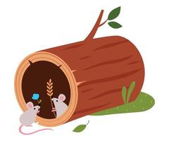Funny Mice as Forest Animal Pepped Out from Hollow Log Illustration vector